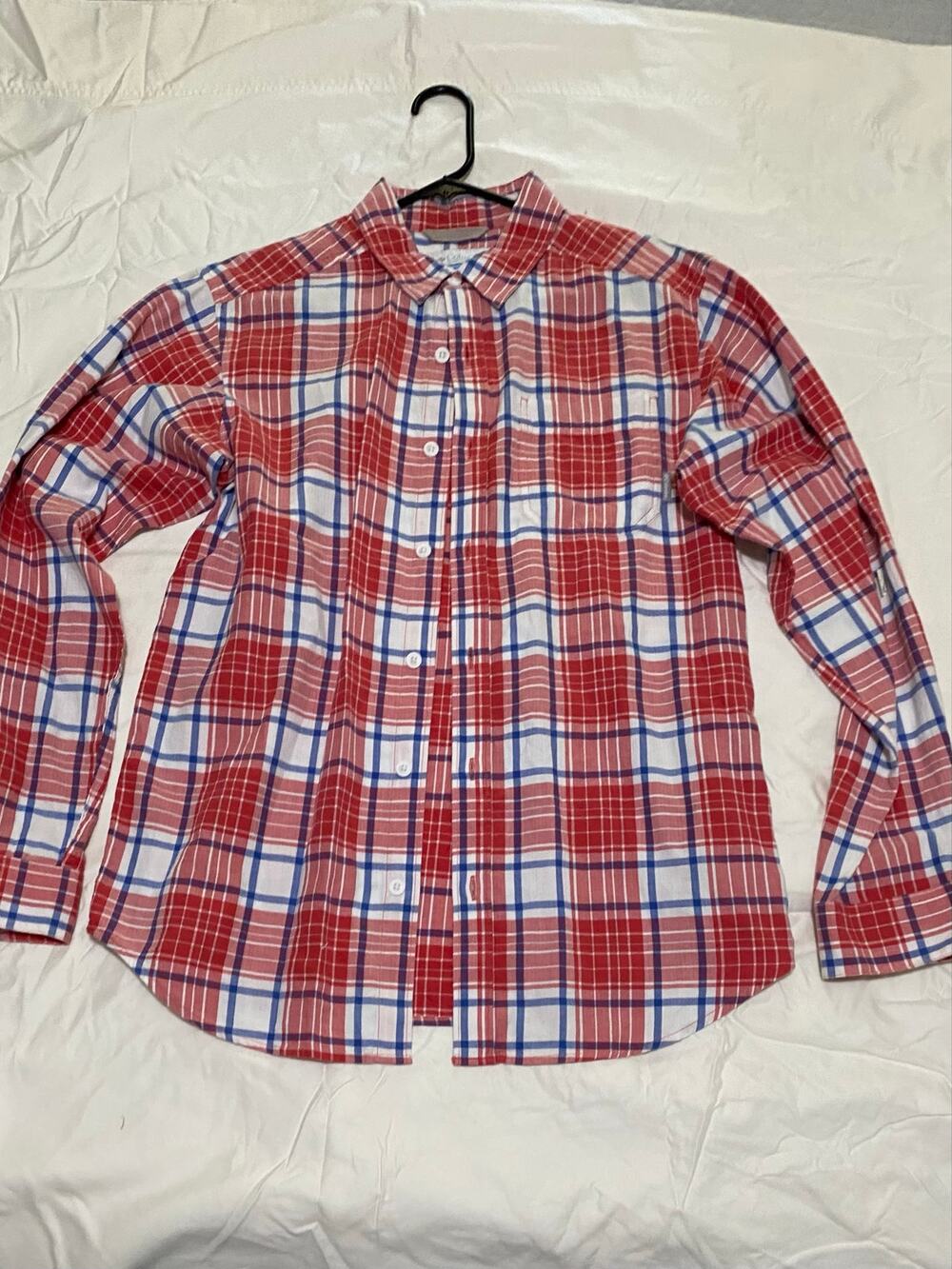 Men’s plaid, red, white and blue button up Columbia hundred percent